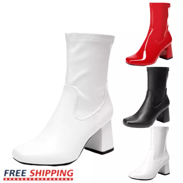 Women Low Chunky Block Heel Square Toe Side Zipper Fashion Gogo Mid Calf Boots