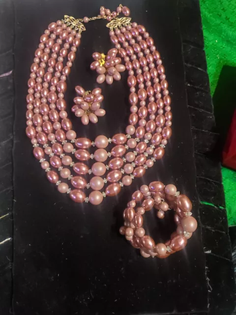 Vintage Glamor 1950s 60's Purple Pearl Bead 4 Strand Necklace Bracelet Set Estat 2