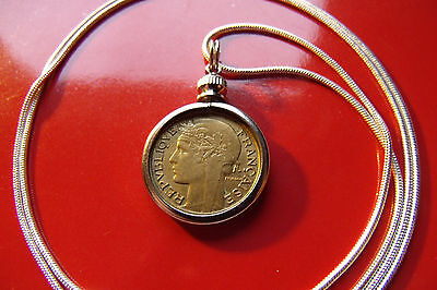 1930's "Art Nouveau" French Bronze 20mm Coin Pendant 30" 925 Silver Snake Chain