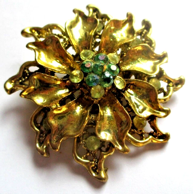 Broche Vintage Couleur Or Avec Cristaux, Diamants Et émeraudes - Bijou Ancien De 1951 En Parfait état