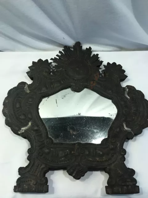 Antique mirror, beaten brass over wood, Dutch baroque embossed brass overlay 2