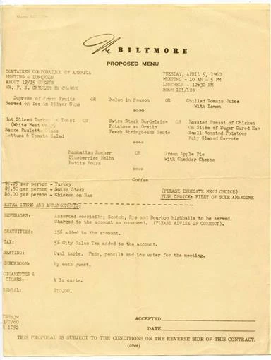 The Biltmore Proposed Menu Container Corporation of America 1960