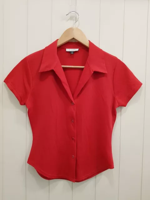 CLOSET Vintage 90s Short Sleeve Collared Button Blouse Stretchy Retro Red Size M