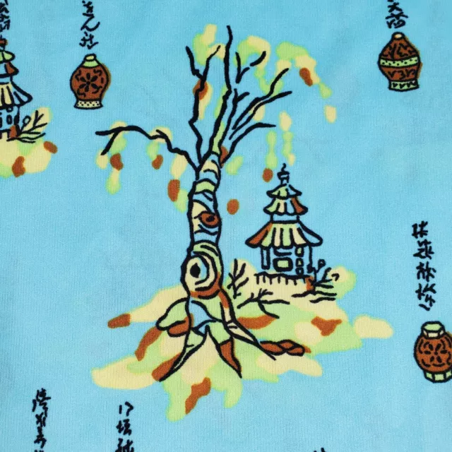 VINTAGE MCM FUNKY Blue Polyester Knit Asian Trees Lantern Dress Fabric ...