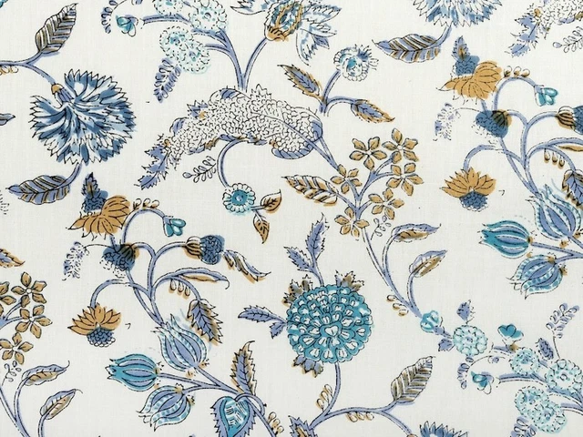Tissu Indien Sanganeri – Coton 100% Imprimé Main – Motifs Floraux Et Animaux – Au Mètre