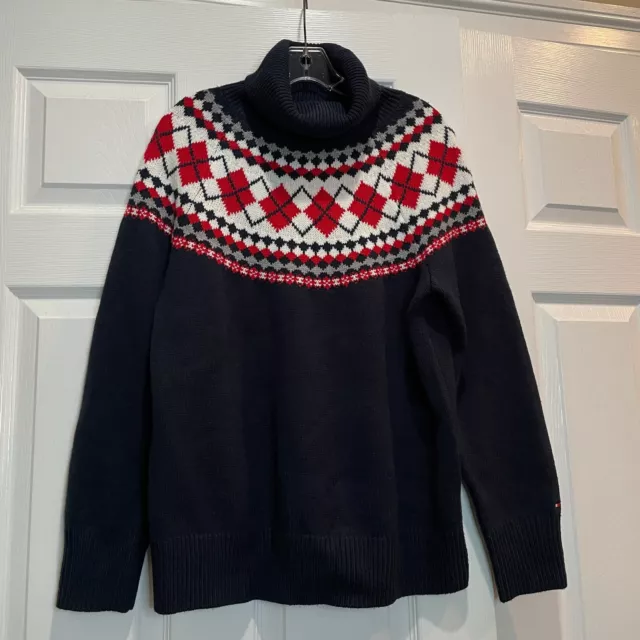 Tommy Hilfiger Women's L Knit Sweater Turtleneck Pullover Navy Red White Argyle