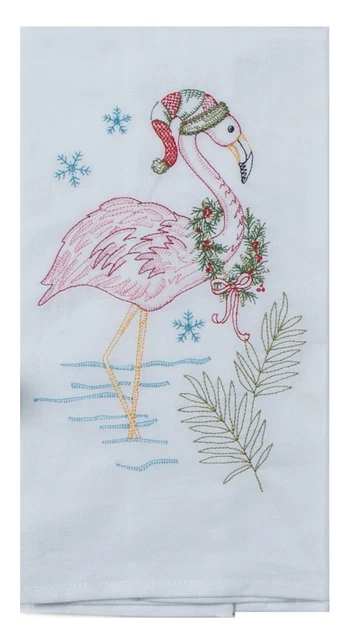Christmas Holiday Flamingo with Wreath Embroidered Flour Sack Kitchen Dish Towel