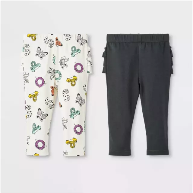 CAT & JACK Baby Girls 2pk Ruffle Leggings Pants Set, Cream/Dark Gray, 12M,  NWT $9.99 - PicClick