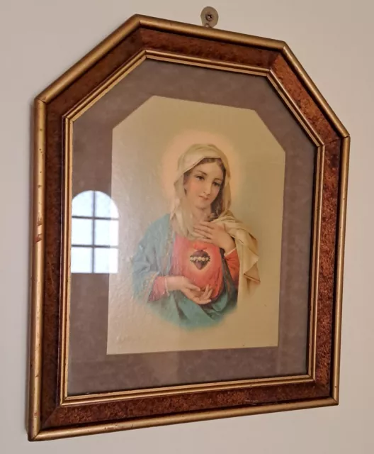Vintage Framed Religious Picture Sacred Heart Madonna.