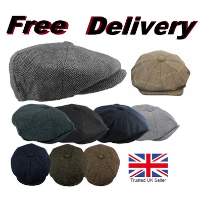 Da Uomo in TWEED HERRINGBONE Thinsulate Foderato 8 PANNELLO DI LANA BAKER BOY CAPPELLO DA Strillone Hat Cap 