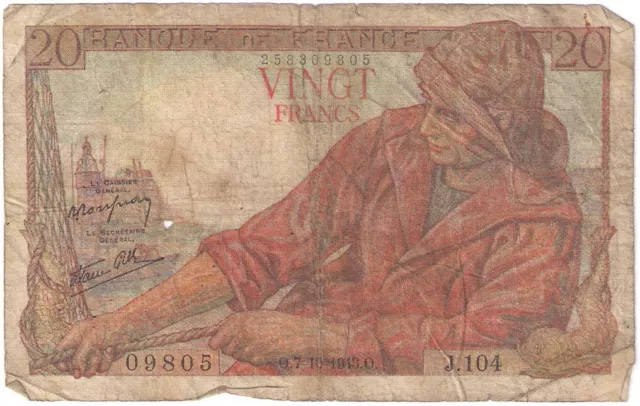 France banknote - 20 vingt francs - year 1943 - WW2 - fisherman - free shipping