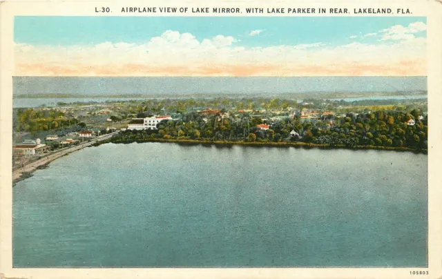 Florida, FL, Lakeland, Airplane View Lake Mirror & Lake Parker 1920's Postcard