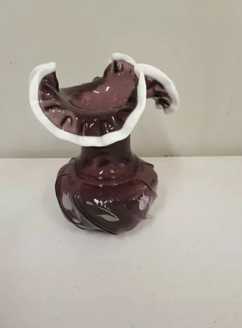 Fenton Glass Amethyst Purple with White Crest Ruffle Hand Painted Vase Wavecrest