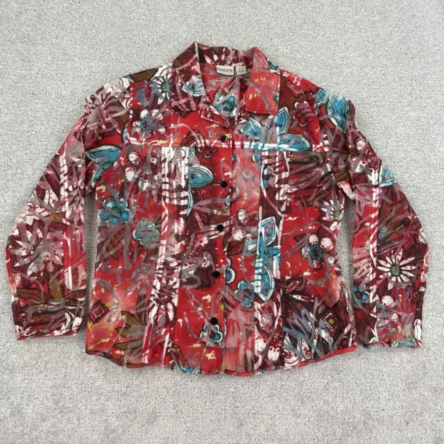 Chico's Jacket Top Size 2 Womens Large 12 Red Aqua See Through Sheer Flowers