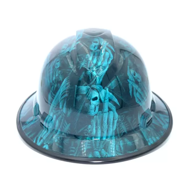 Wide Brim Hard Hat Hydro Dipped in Candy Teal 1 Finger Salute Skull w/Brim Guard