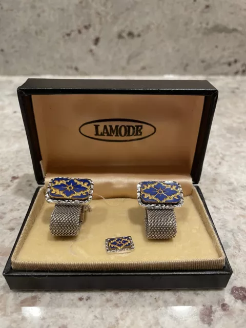 Vintage 1970'S Lamode Blue Art Glass Mesh Cufflinks & Tie Tack Set