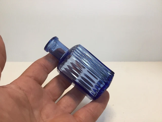 Small Squatty Antique Sapphire Blue 6 Sided Ridge Poison Bottle.