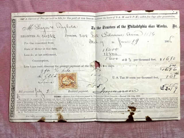 1866 Philadelphia Pennsylvania Gas Bill With Revenue Stamp