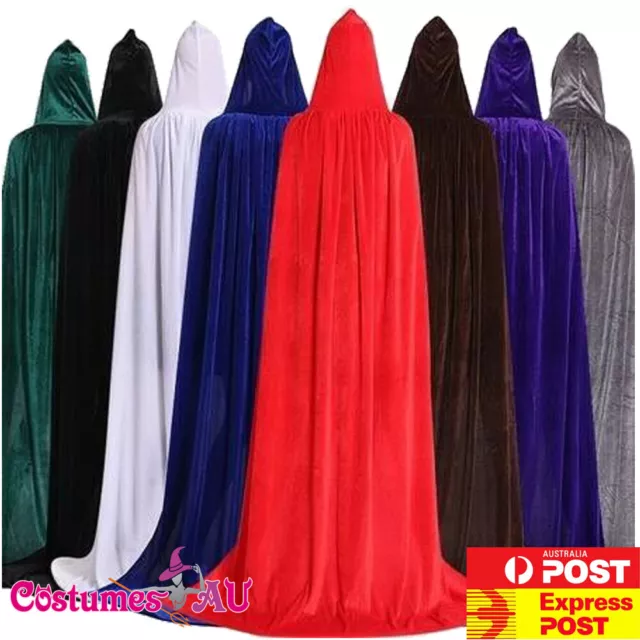 Unisex Hooded Velvet Cloak Cape Robe Costume Witch Halloween Vampire Book Week