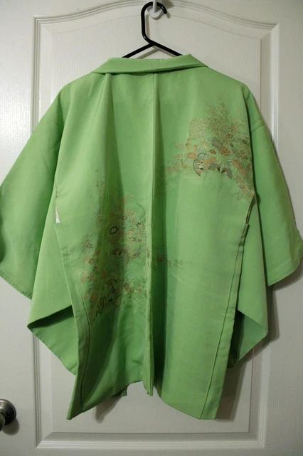 Japanese Lime Green Haori Jacket with Woven Gold and Silver Flower Cart Design 2