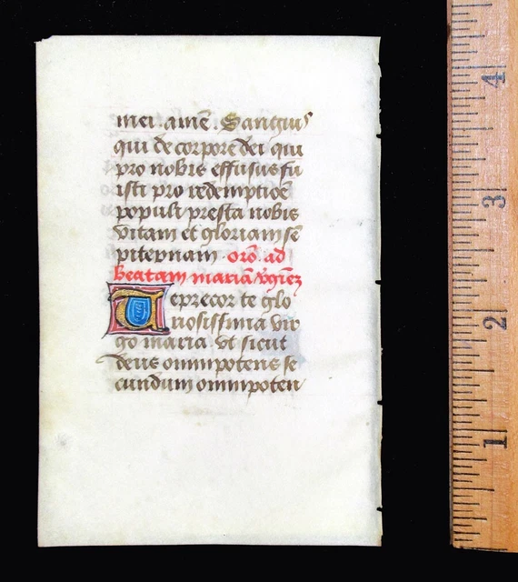 c. 1500 MEDIEVAL BOOK OF HOURS LEAF, FRANCE, ILLUMINATED MANUSCRIPT on VELLUM