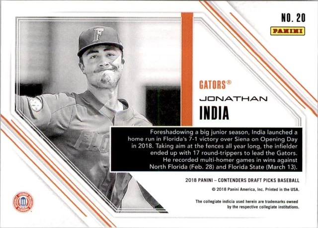 2018 Panini Contenders Draft Picks Game Day Tickets Jonathan India Florida 2