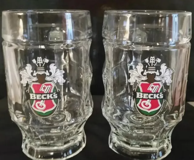 Vintage BECKS German Beer Mugs Steins Cups Dimpled Glass Numbered Bottoms PAIR