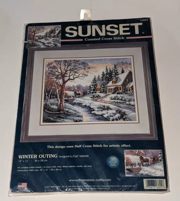 Dimensions Sunset 13691 Counted Cross Stitch Kit Winter Outing 18”x15” 2001 NEW