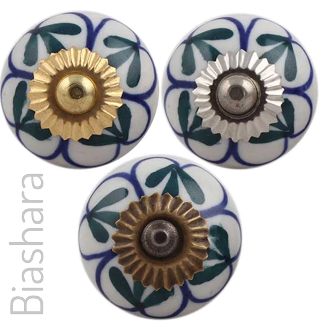 DARK GREEN BLUE CERAMIC DOOR KNOB Cupboard Handles Cabinet Drawer vintage floral