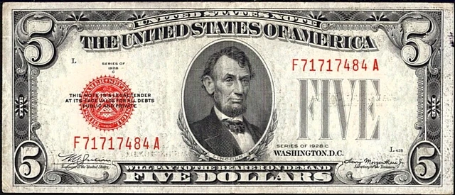 US Currency 1928 C United States Note $5 Red Seal FR 1528