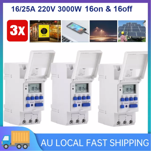 3x Digital LCD Power Programmable DIN Rail Timer Time Switch Relay AC 220V -240V