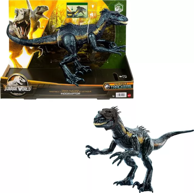 Figura de Dinosaurio Jurassic World Indoraptor Track N Attack con Equipo de Segu