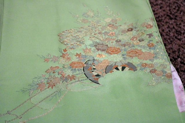 Japanese Lime Green Haori Jacket with Woven Gold and Silver Flower Cart Design 8