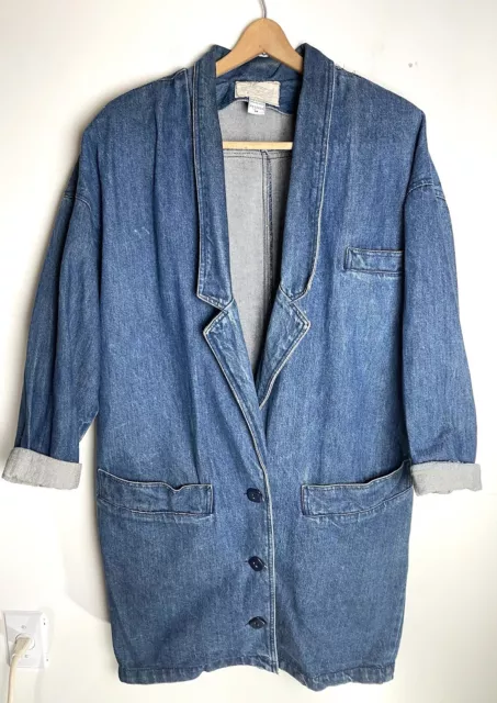 80S DENIM JEAN Blazer Full Length M Jacket Blue Oversized Collared ...