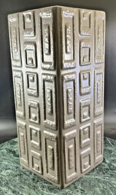 MCM Rectangular Vase Geometric Designs In Relief 9 3/4” Tall Dark Taupe Glaze