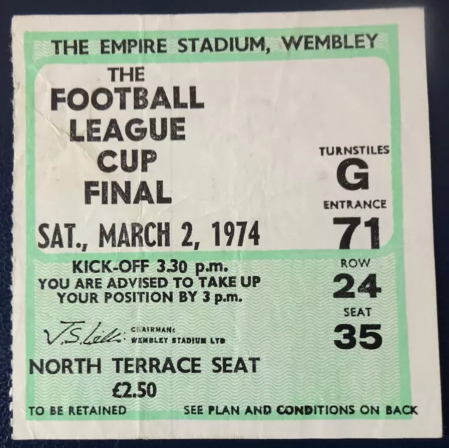 1974 League Cup Final Manchester City v Wolves Ticket Stub