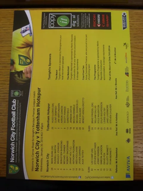 30/01/2013 Colour Teamsheet: Norwich City v Tottenham Hotspur. Any faults with t