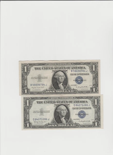 2 Notes 1935 G-H (1 with motto & 1 without motto) One dollar Silver Certificate