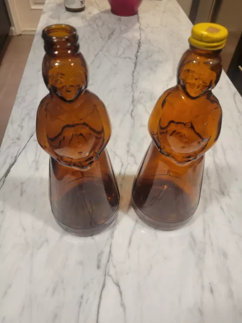 Mrs Butterworths Brown Glass Syrup Bottles Metal Lid 10" Tall Vintage