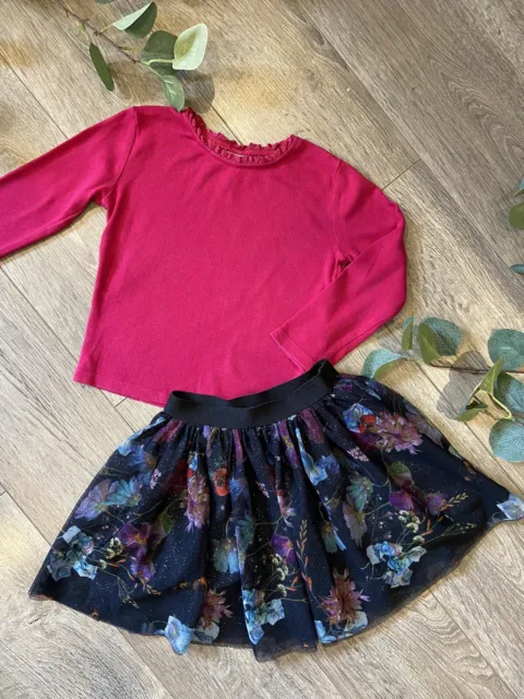 NEXT girls Autumn Winter Pink Long Sleeved Top And Floral Tutu Skirt Outfit 3-4