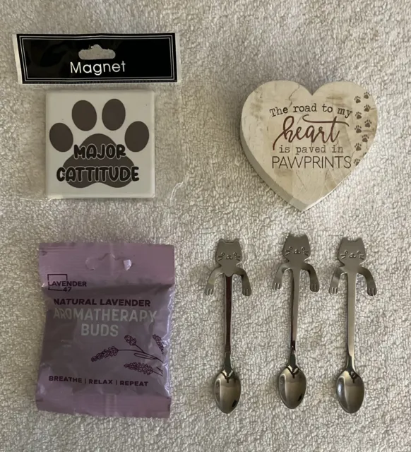 🙀(6) Items: All NEW CAT Magnet,Spoons,,Plaque,Lavender