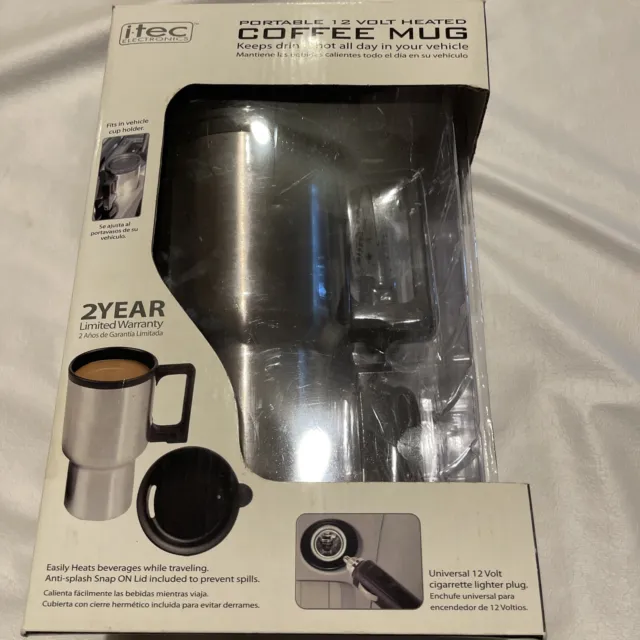 I- Tech Travel Heated Mug  Stainless Steel Portable 12v car adaptor tea, coffee