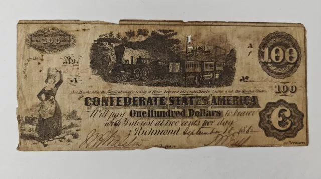 1862 $100 One Hundred CSA Confederate States America Richmond Civil War Note