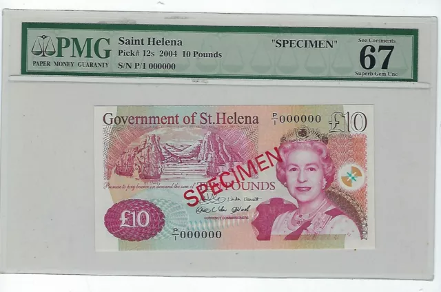 SAINT HELENA 10 POUNDS 2004, SPECIMEN, PMG 67 SUPERB GEM UNC,EPQ, P-12as,