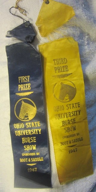 2 vintage Ohio State University 1947 Ribbons Horse Show Prize,Columbus,1st,3rd