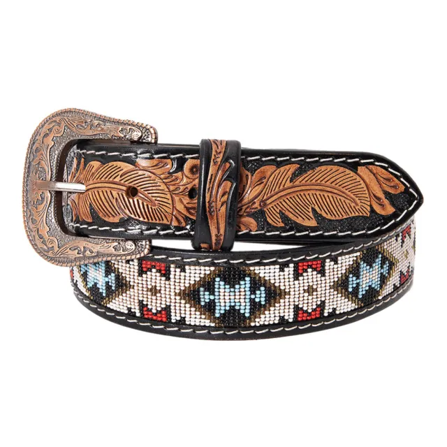 56RI Hilason Hand Carved Western Leather Men Women Belt Beaded