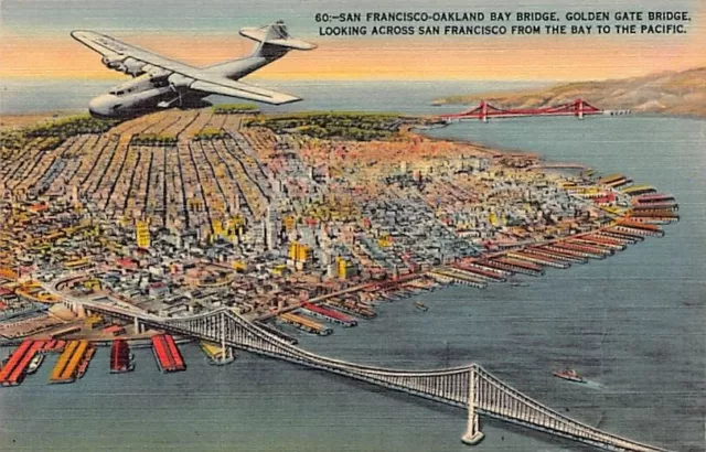 Postcard CA: Aerial View of SF & Bridges, Airplane, Linen, Unposted