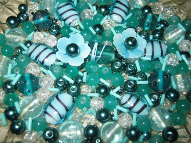 Glasperlen Mix 143 g INDISCHE GLASPERLEN/LAMPWORK/SILBERFOLIE/KRISTALL/TEAL