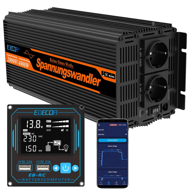 Convertisseur onde pure sinus 12V - Onduleur - 2000W - Puissance continue 1000W - Idéal camping et bateau - Sport