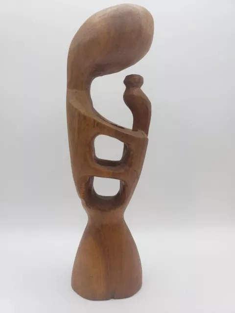  Mother And Child/cat/bird Wooden Sculpture Figurine Hand Carved abstract 8.5"